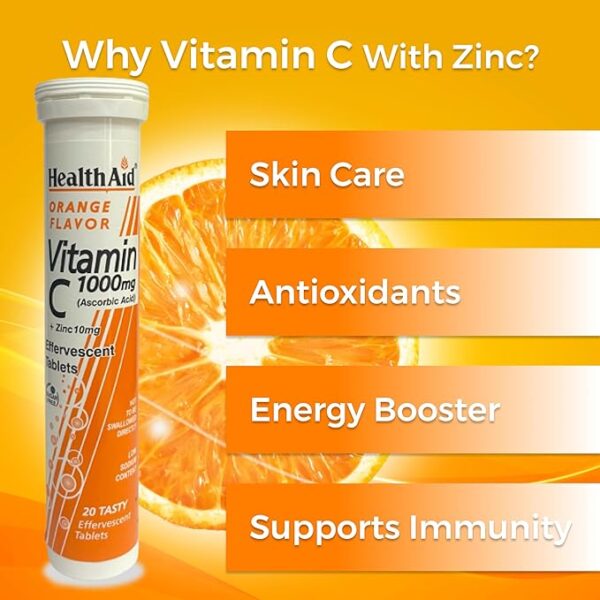 HealthAid Vitamin C 1000mg (Orange Flavour) with Zinc - 20 Effervescent Tablets - Image 3