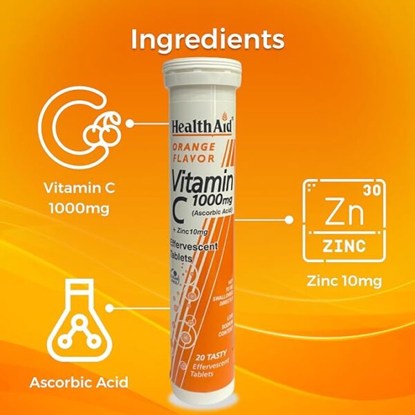 HealthAid Vitamin C 1000mg (Orange Flavour) with Zinc - 20 Effervescent Tablets - Image 4