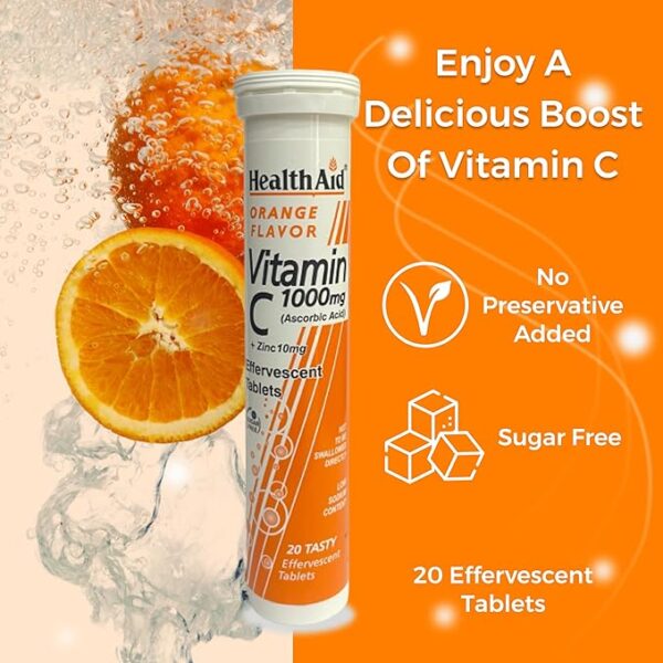 HealthAid Vitamin C 1000mg (Orange Flavour) with Zinc - 20 Effervescent Tablets - Image 2