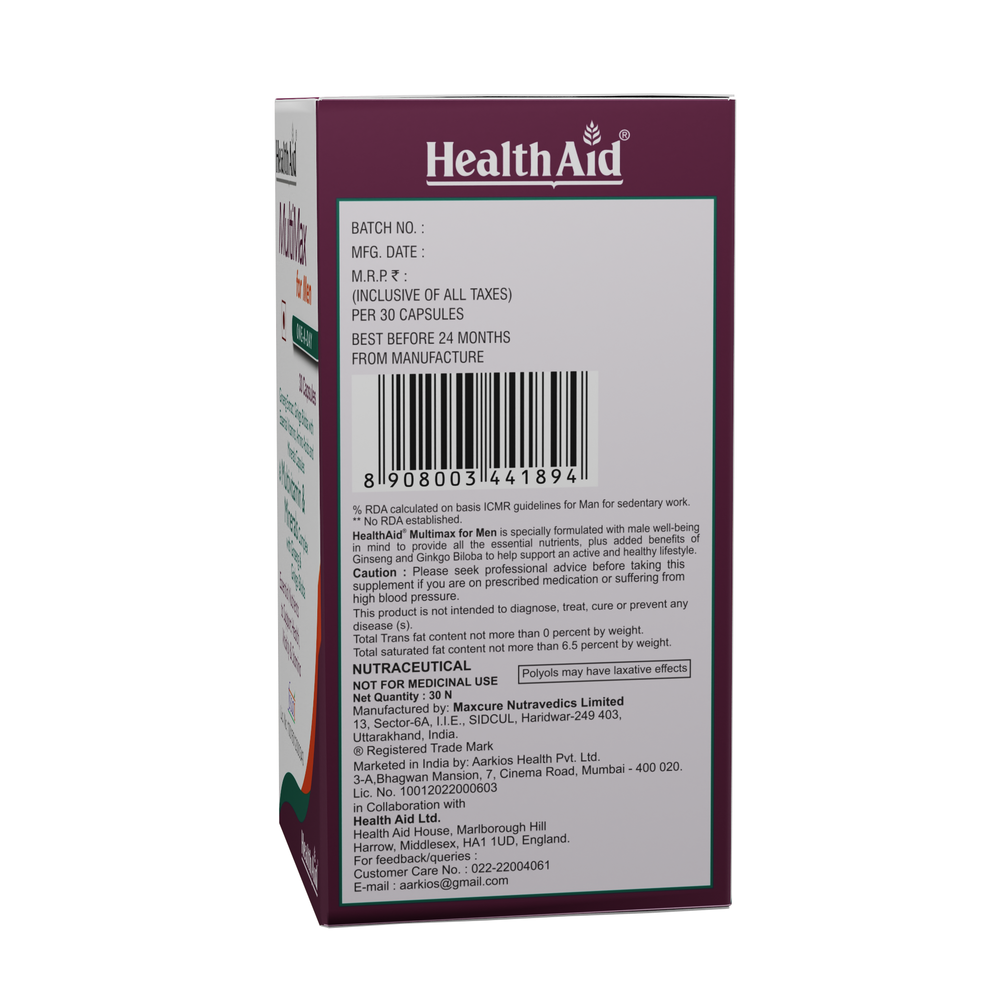 HealthAid MultiMax for Men 30 Vegetarian Liquid fill Capsules (30cap) - Image 2