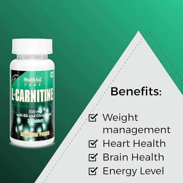 HealthAid L-Carnitine 550mg with Vitamin B6 & Chromium - (30 Tablets) - Image 5