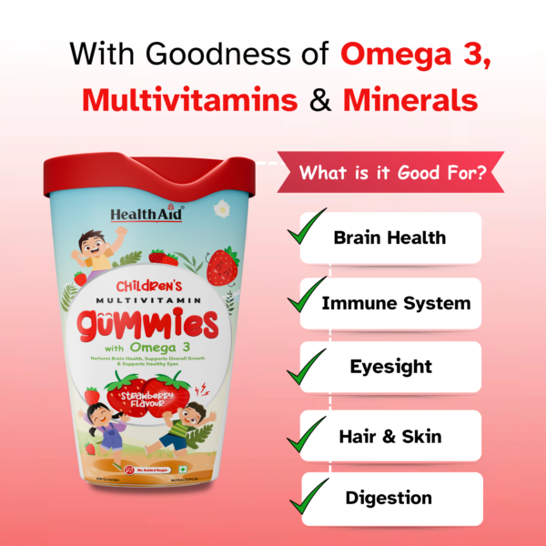 HealthAid® Children's Multivitamin Gummies with Omega 3 (Strawberry Flavour) - 60 Gummies - Image 3